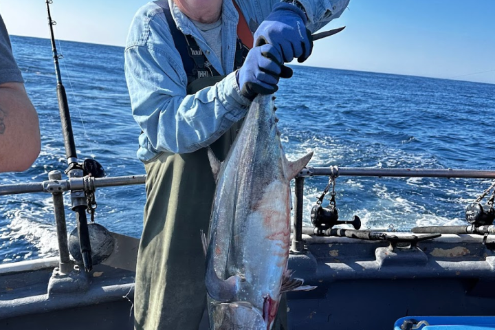 a man holding a tuna on a boat in the ocean
